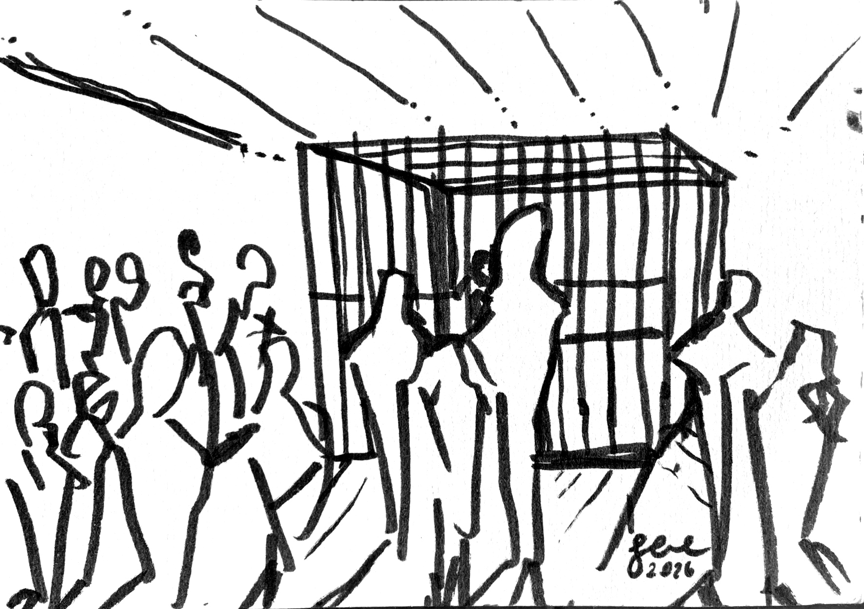 Ink drawing: a crowd of dancers pressing around a cage on a dancefloor, light rays overhead
